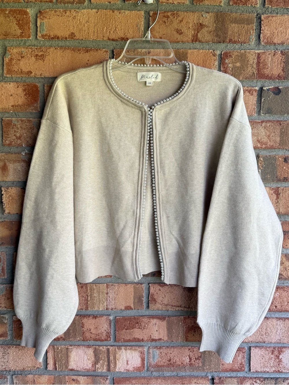 Marled Pearl Trim Embellished Semi Cropped Balloon Sleeve Neutral Cardigan
